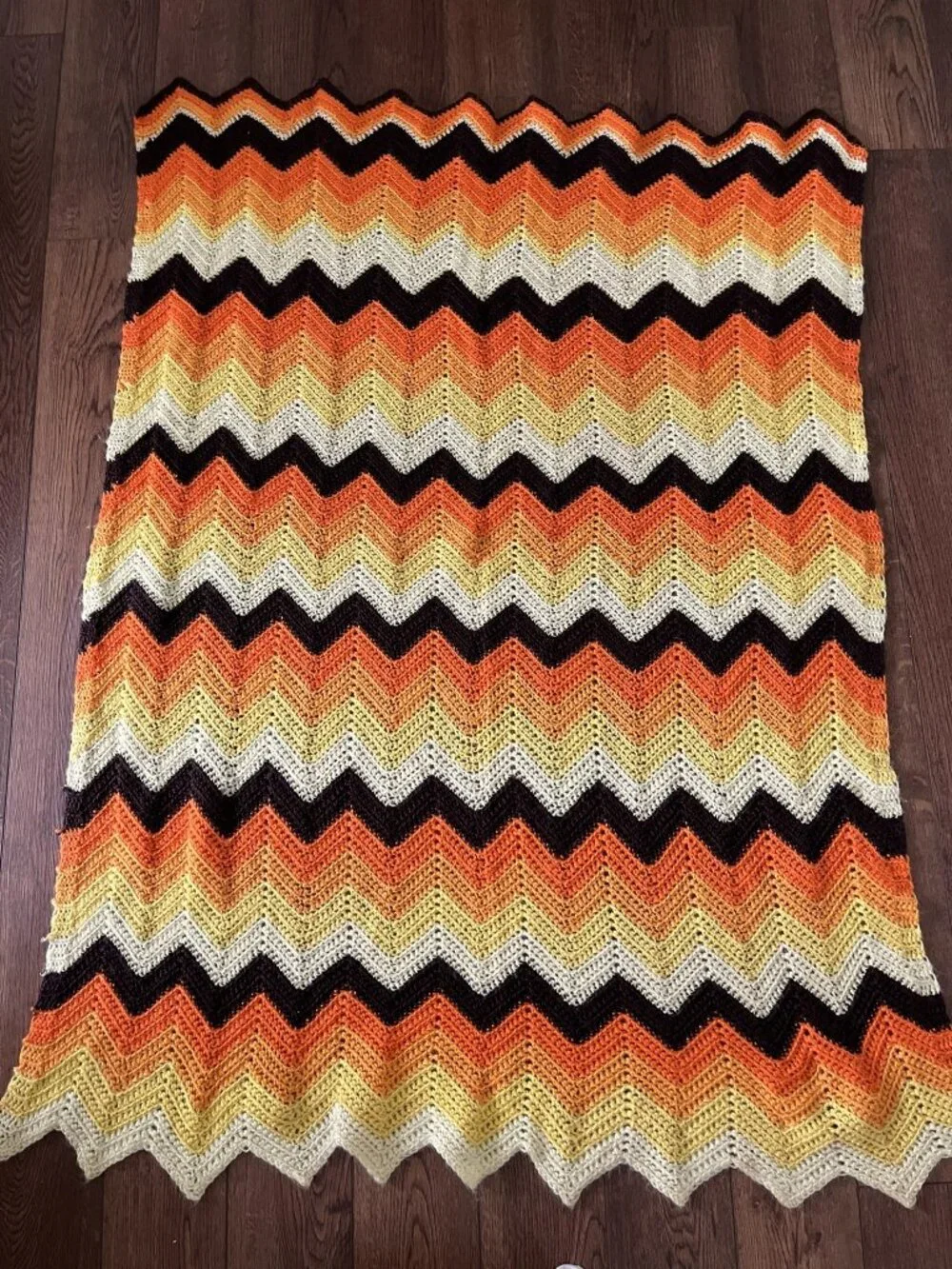 Vintage Crochet Afghan Chevron Zig Zag Orange Fall Autumn Colors 49 X 63
